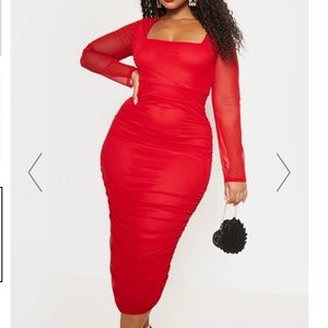 CUTE PLUS RED MESH RUCHED MIDI DRESS❤️